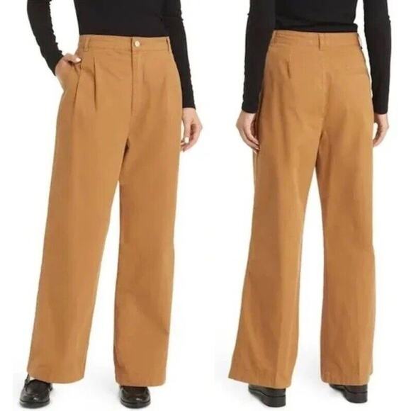 FRAME Pleat Front Wide Leg High Rise Cotton Chinos Pants in Camel Size 27 - Picture 1 of 11